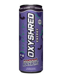 Blueberry lemonade OxyShred Energy can, 355ml, zero sugar, bright blue with fruit illustrations