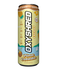 OxyShred Energy drink pink lemonade flavour, slim can with zero sugar label and citrus graphics