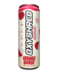 Blueberry lemonade OxyShred Energy can, 355ml, zero sugar, bright blue with fruit illustrations