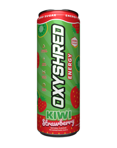 OxyShred Energy drink pink lemonade flavour, slim can with zero sugar label and citrus graphics