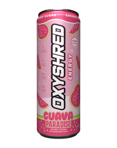 OxyShred Energy drink pink lemonade flavour, slim can with zero sugar label and citrus graphics