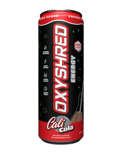 OxyShred Energy drink pink lemonade flavour, slim can with zero sugar label and citrus graphics