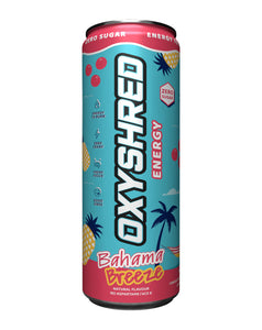 Blueberry lemonade OxyShred Energy can, 355ml, zero sugar, bright blue with fruit illustrations