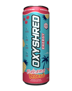 OxyShred Energy drink pink lemonade flavour, slim can with zero sugar label and citrus graphics