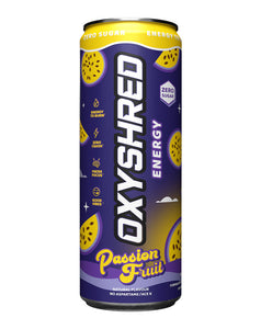 Blueberry lemonade OxyShred Energy can, 355ml, zero sugar, bright blue with fruit illustrations