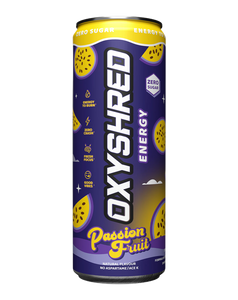 OxyShred Energy drink pink lemonade flavour, slim can with zero sugar label and citrus graphics