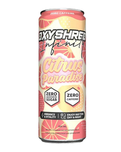 OxyShred Infinity Citrus Paradise 355ml zero caffeine energy drink can with citrus graphics and zero added sugar label