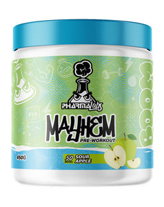 PharmaLabs Mayhem Sour Apple pre-workout 450g supplement tub with blue lid, green label design and apple flavour graphic