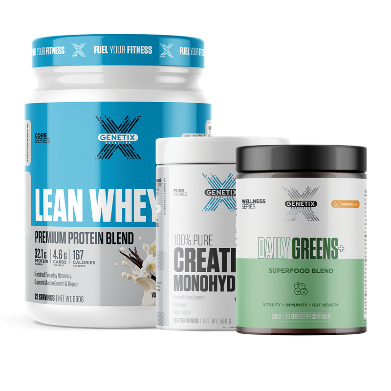 Genetix Lean Whey vanilla protein blend 800g, Creatine Monohydrate 500g and Daily Greens+ 336g supplement bundle