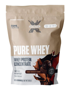 Genetix Pure Whey protein concentrate, double chocolate flavour in 900g pouch, Core Series label