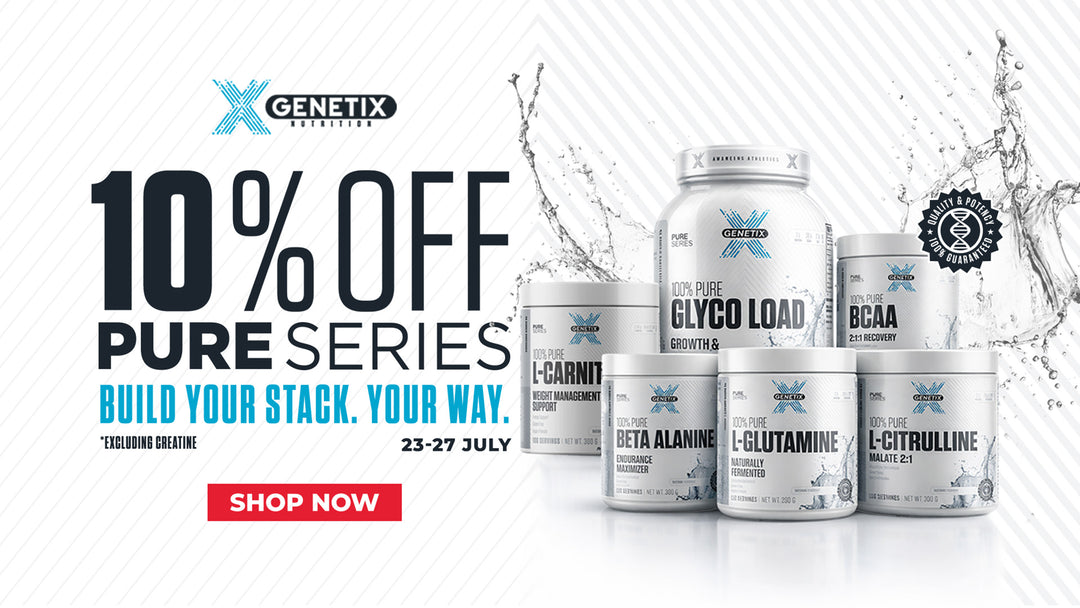 Genetix Nutrition Pure Series supplements on sale for 10% off from 23–27 July, excluding creatine.