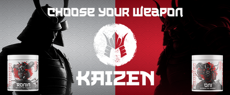 Promotional graphic for 'Kaizen' with samurai armor and containers, featuring the text 'Choose Your Weapon'.