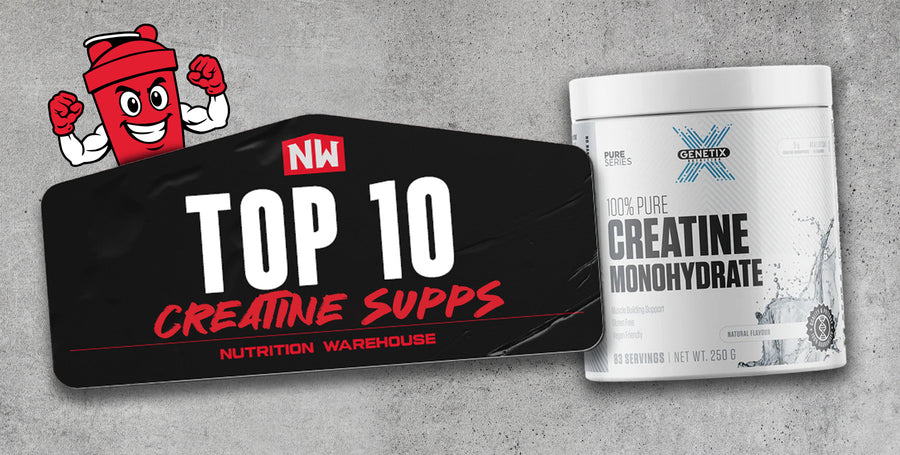 Top 10 Creatines by Nutrition Warehouse | Creatine tubs with heading and Nutrition Warehouse branding.
