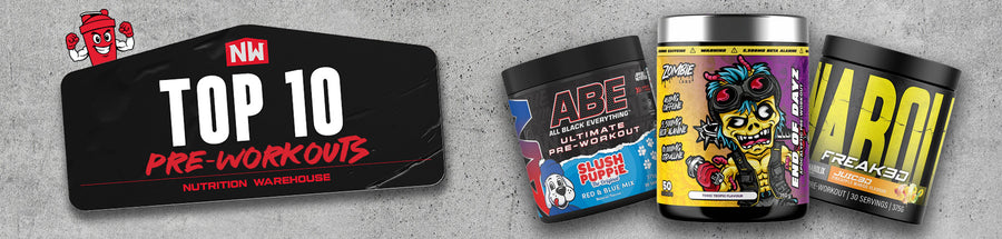 Top 10 Pre-Workouts at Nutrition Warehouse featuring images of pre-workout tubs