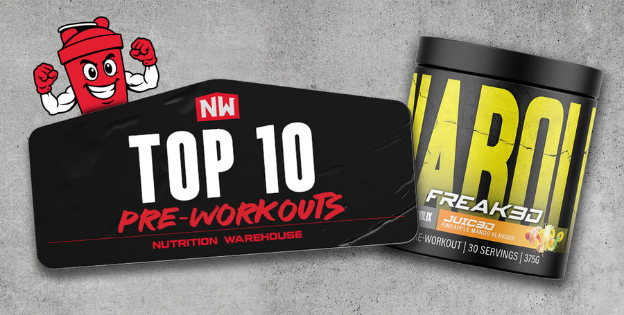 Top 10 Pre-Workouts at Nutrition Warehouse featuring images of pre-workout tubs