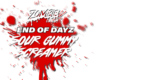 Zombie Lab's 'End of Dayz' gummy product packaging with red and white design.
