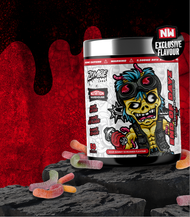 Supplement container with cartoon character label on a dark surface with red background