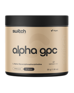 Switch Alpha GPC 30g nootropic powder, unflavoured, 60 serve beige jar with black lid, GeniusPure vegan branding
