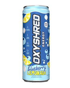 Blueberry lemonade OxyShred Energy can, 355ml, zero sugar, bright blue with fruit illustrations