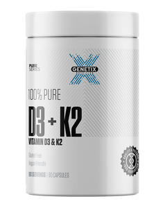 Pure Series D3 + K2 capsules by Genetix Nutrition – 90 count vitamin supplement in white container