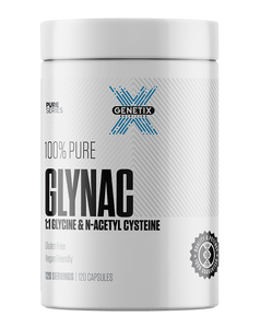 White Genetix Nutrition GLYNAC bottle with 120 capsules, pure glycine and NAC antioxidant supplement