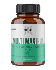 Genetix Nutrition Multi Max Pro multivitamin, 90 capsule amber bottle with green and white performance label