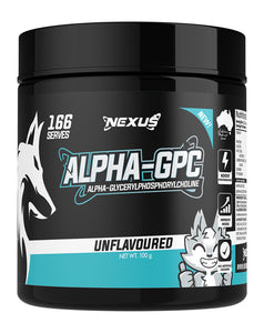 Nexus Alpha-GPC 100g unflavoured powder – black tub with teal label and 166 serves