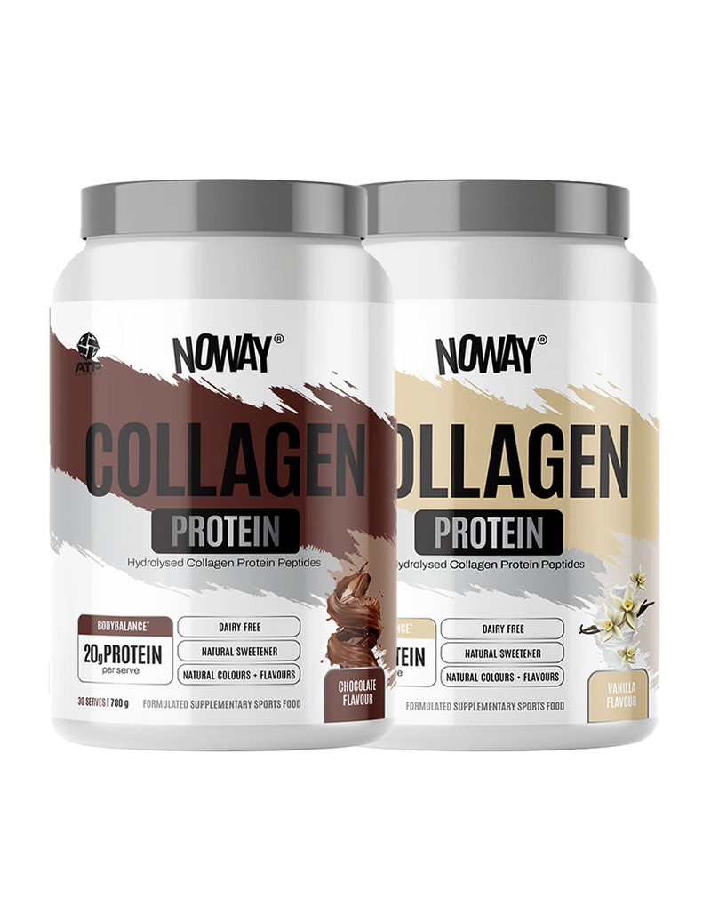 NOWAY collagen protein powder twin pack – chocolate and vanilla flavours in 780g white tubs