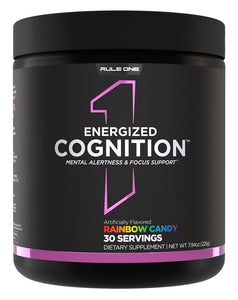 Image Alt Text Generator said:

Rule One Energized Cognition Rainbow Candy – 225g black tub for focus and alertness, with purple trim and rainbow label text