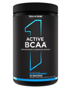 Rule One Active BCAA in blue raspberry flavour, 390g black tub with blue label accents, 30 servings