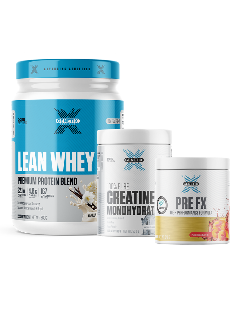 Genetix Lean Whey vanilla protein, creatine monohydrate and Pre FX peach rings supplement tubs